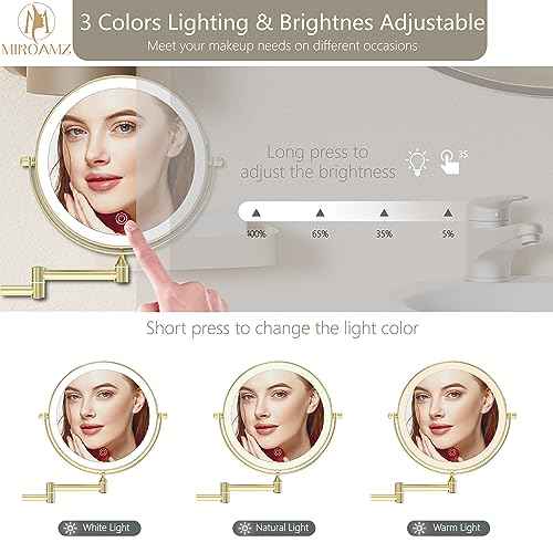Rechargeable Wall Mounted Lighted Makeup Vanity Mirror 8 Inch Double Sided 1X 10X Magnifying Bathroom Mirror, 3 Color Lighting, Touch Screen Dimming, 360 Rotation Shaving Mirror Gold