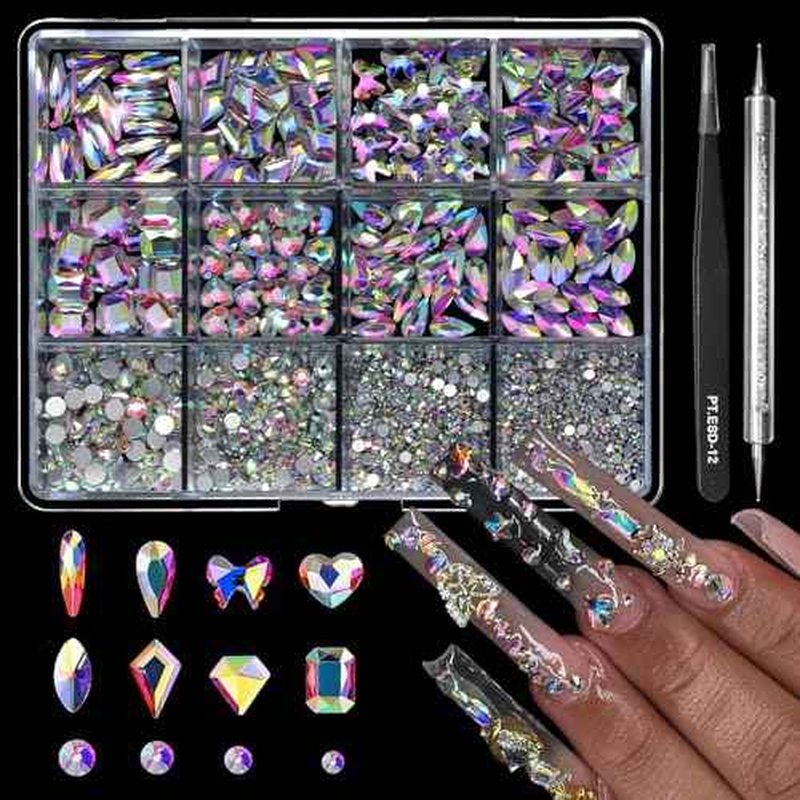 1660Pcs Crystal AB Nail Art Rhinestones: 8 Types of Multi Shapes Diamonds + 4 Sizes Flatback DIY Crafts Rhinestone Crystals 3D Glass Stones Set + Tweezer + Pickup Pen