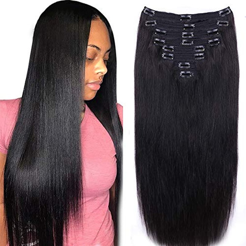 Straight Human Hair Clip in Hair Extensions for Women 100% Unprocessed Full Head Brazilian Virgin Hair Natural Black Color,8/Pcs with 18Clips,120 Gram (16inch, Straight hair)