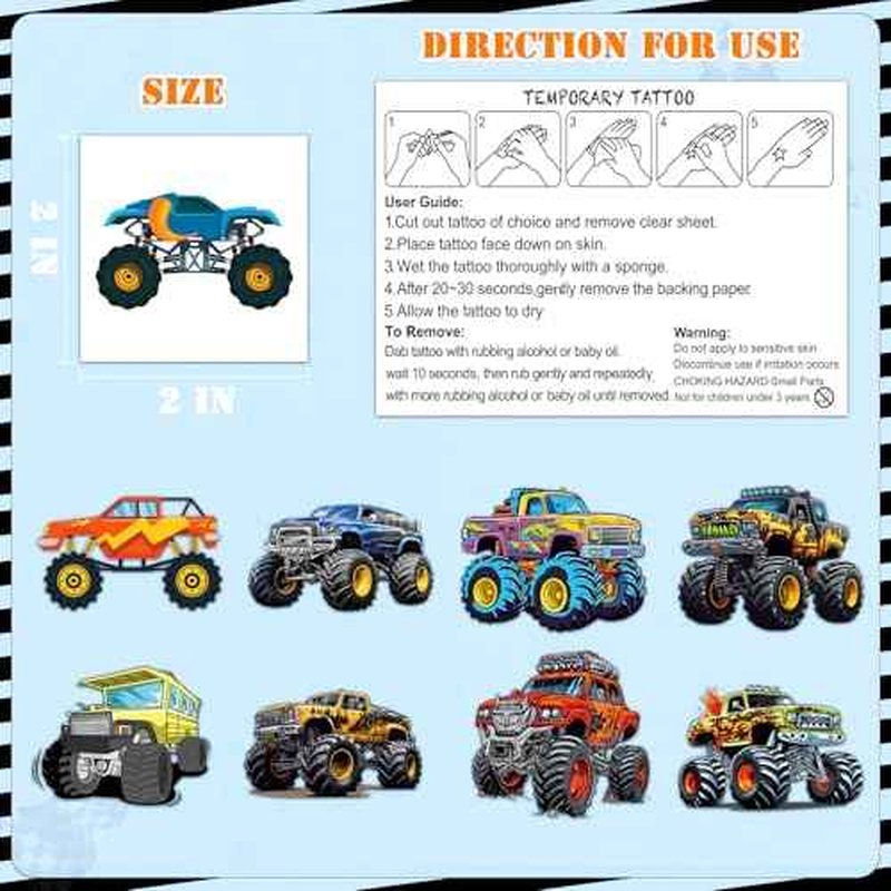 100 Pcs Monster Truck Temporary Tattoos for Kids, £¨2'' x 2''£©Individually Wrapped Tattoos, Car Themed Birthday Decorations, Party Favors Supplies