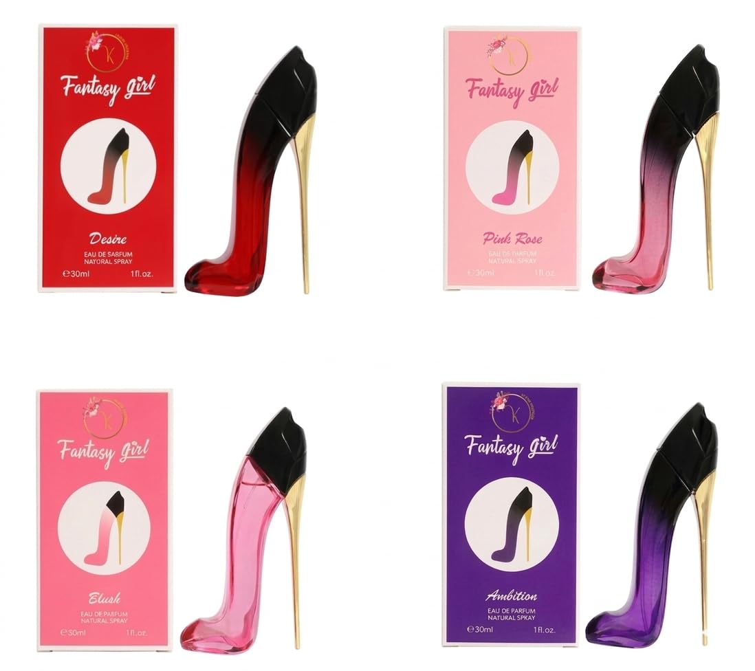 Viaan Krishna Fantasy Girl Mini High Heel 4-Piece Perfume Set for Women – Desire, Pink Rose, Blush & Ambition – 30ml (1 fl.oz.) Each – Luxury Novelty Heel Bottle Perfume Gift Scent