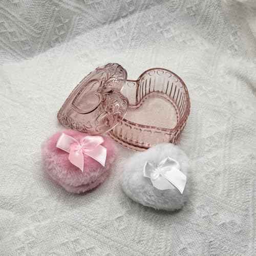 Body Powder Puff and Container - Glass Heart Dusting Powder Container with 2 Soft Puffs Vintage Powder Puff Case for Women & Girls-GRB007-Pink