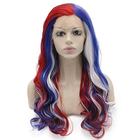 MX angel Long Wavy Swiss Lace Front Blue Red White Mix Colorful Cosplay Party Wig
