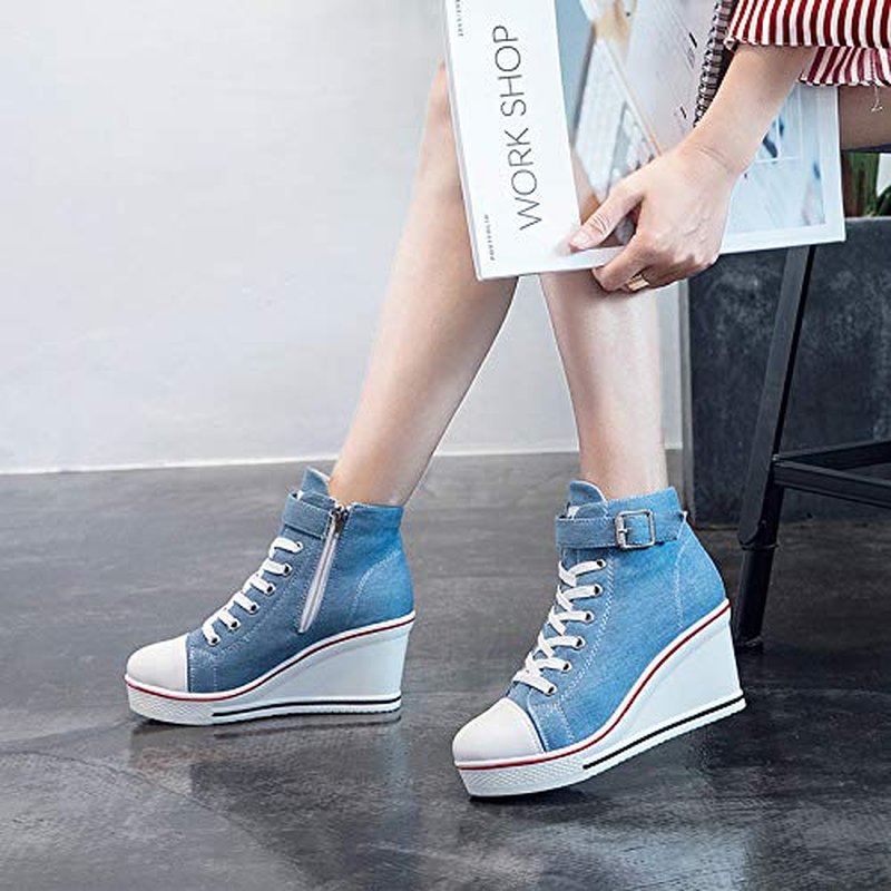 Women's Sneaker Shoes High Heel Fashionable Canvas Shoes High Tube Lace Up Wedge Edge Zipper Slope Angle Shoes Size 4-11