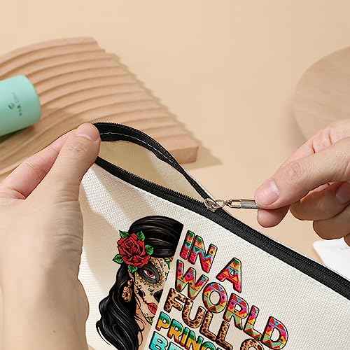 DJHUNG Inspired Mexican Girl Makeup Bag Funny Badass Women Gift Skull Travel Pouch for Women Friends Nurse Mom Aunt Birthday Christmas Halloween in a World Full of Princesses