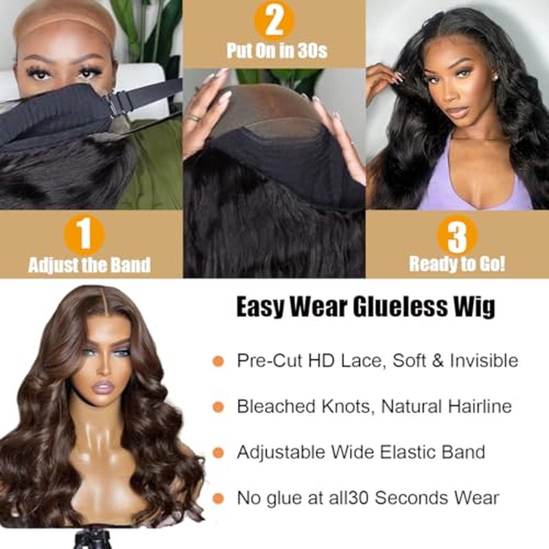 Chocolate Brown Body Wave Glueless Wig Human Hair Pre Plucked Pre Cut Glueless Lace Front Wig Ready to Wear 6x4 Body Wave 180% Density Closure Wig Natural Hairline (#4 Brown, 14 Inch)