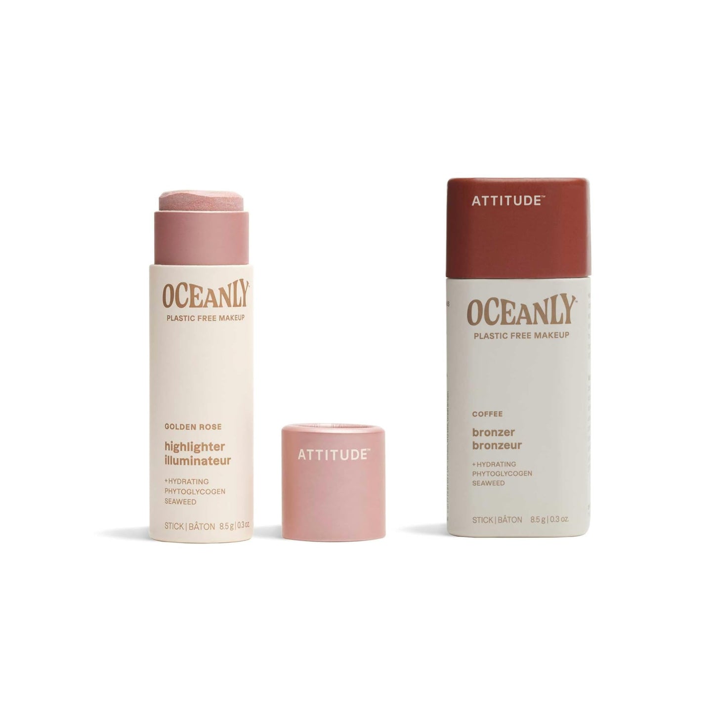 Bundle of ATTITUDE Oceanly Lightweight Highlighter Stick, Titanium Dioxide-Free, EWG Verified, Plastic-Free, Vegan Makeup, Golden Rose, 0.3 Oz + Oceanly Lightweight Bronzer Stick, Coffee, 0.3 Oz