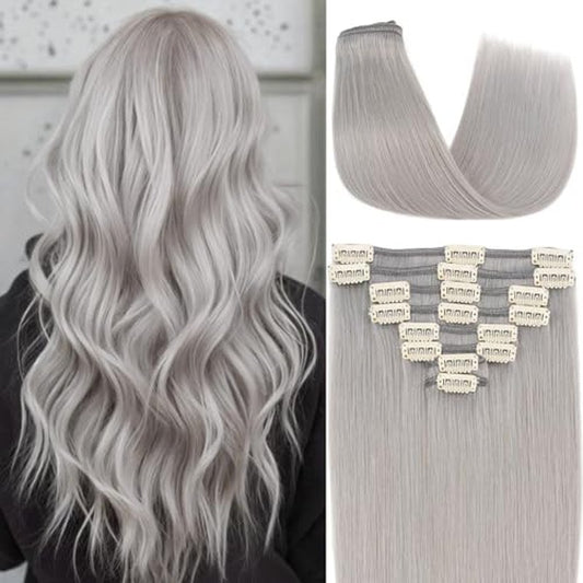 Clip in Hair Extensions Human Hair S-noilite Gray Human Hair Short Hair Clip in Extensions Full Head 8 Pieces/18 Clips 100% Real Human Hair Silky Straight 10"-70g Light Gray (#G1)