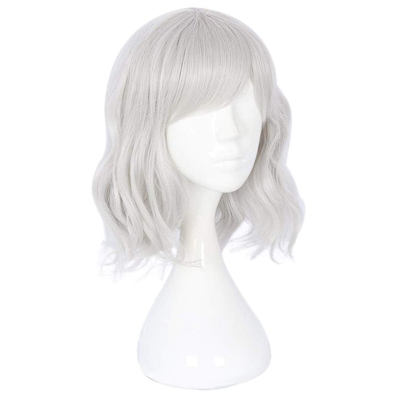 Filuckyve 14" Women Short Bob Wig with Bangs Curly Wavy Harajuku Synthetic Cute Daily Halloween Party Cosplay Hair(silver)