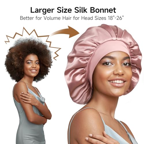 22 Momme 100% Real Mulberry Silk Bonnet for Sleeping Women, Large Hair Care Bonnet for Long Curly Hair, Double Layer Silk Wrap with Soft Elastic Band, Non-Slip Sleep Cap, Pink