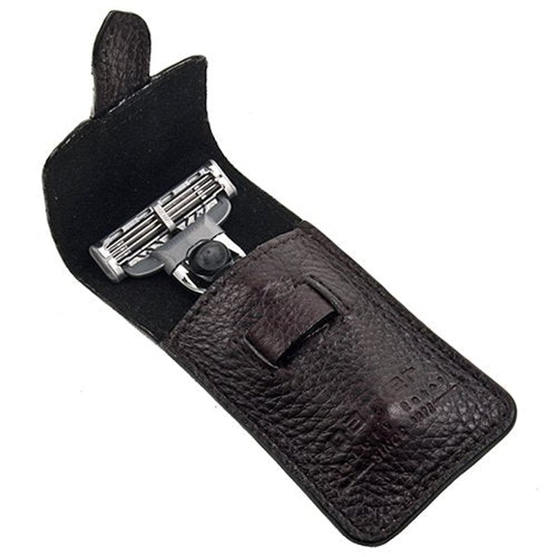 Parker Travel Razor - Compact Chrome Brass Handle | Compatible with Gillette® Mach3® Cartridges, Premium Leather Case for Men