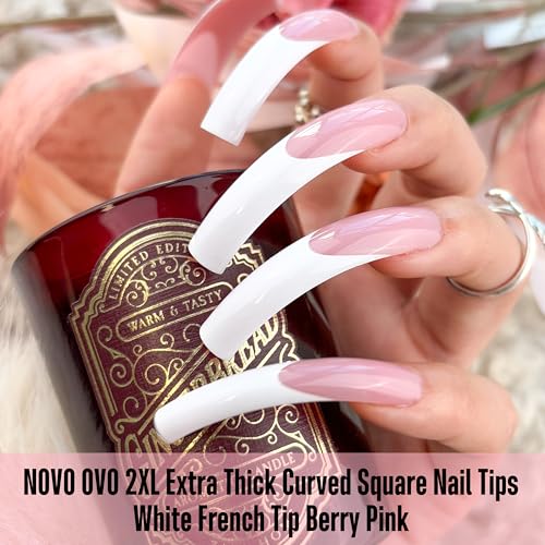 NOVO OVO XXL Curved Square White French Tip False Nail Tips Press on, BERRY PINK Full Cover Extra Thick Long XL Acrylic Hawk Curve Fake Extension Kit, Need Top Coat for Salon DIY 12 Sizes 144 pcs