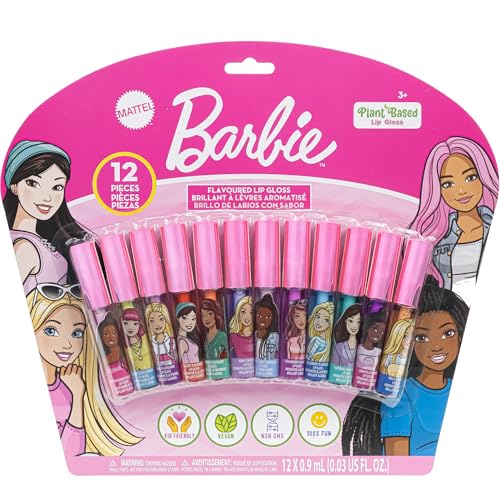 Barbie 12 Piece Plant Based Lip Gloss, Girls Party Favors, First Makeup Set for Girl, Perfect for Parties, Sleepovers, and Birthday Gifts, Ages 3+, by Townley Girl