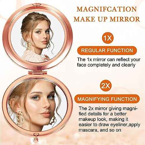 Cindeer 20 Pcs Small Compact Mirror Folding Pocket Makeup Round Hand Held Cosmetic Magnifying Compact Rhinestone Mirror with 1X/2X Magnification for Women Girls Travel (Gold Style)