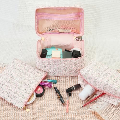 3Pcs Quilted Floral Makeup Bag Cosmetic Bag for Women Teen Girls,Cute Pink Make Up Bags,Aesthetic Large Cotton Cosmetic Pouch,Flower Coquette Travel Toiletry Organizer Storage Bag