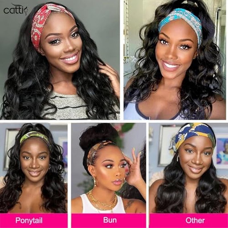catti Headband Wig Human Hair Body Wave Headband Wigs Glueless None Lace Front Wigs Human Hair Brazilian Virgin Hair Machine Made Half Wigs for Black Women 150% Density (16" Headband wigs)