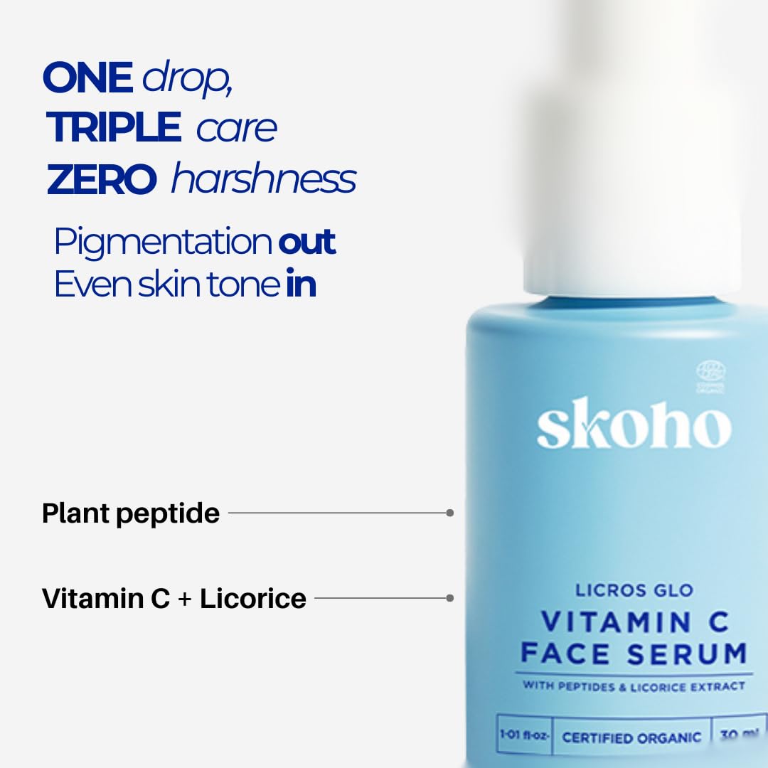 SKOHO Organic Vitamin C Face Serum with 98.932% Naturality | Reduces dark spots & Hyper Pigmentation | Licorice, Natural Peptides, Vitamin C | 30ml, Natural