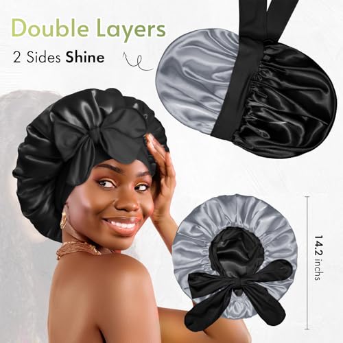 BONNET QUEEN Silk Bonnet for Sleeping Satin Bonnet with Tie Hair Wrap Double Layer Sleep Cap for Women Curly Hair, Black Silver