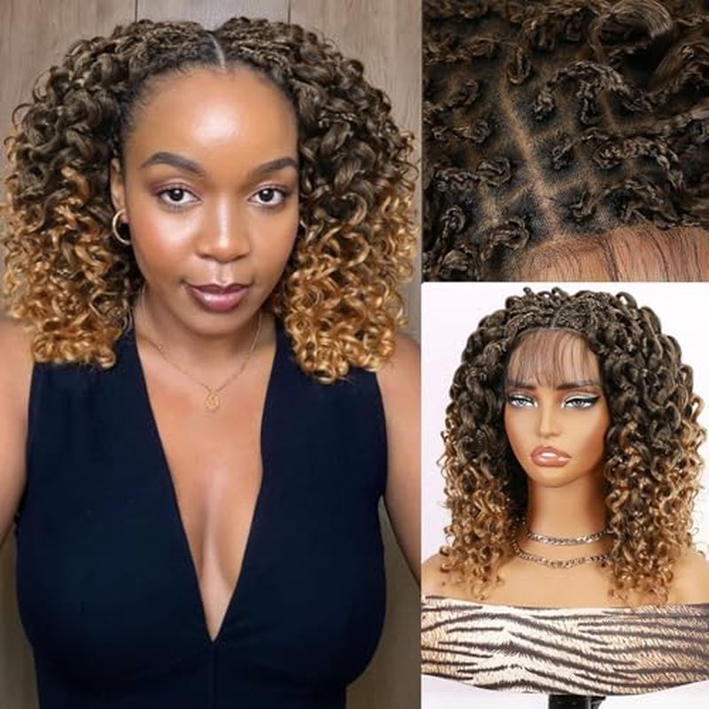 Fancy Hair Braided Wig for Black Women Gogo Curly Braid Wig Double Full Lace Curly Wavy Bob Wig with Baby Hair Pre Plucked Knotless Squrare Part Curly Wig (Ombre Blonde)