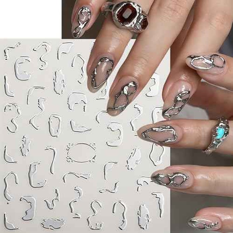 6 Sheets Lines Nail Art Stickers Decals Silver Stripe Line Nail Decals 3D Self-Adhesive Abstract Marble Wave Nail Design Holographic Irregular Line Nails Supplies Nail Accessories for Women Nail Decor