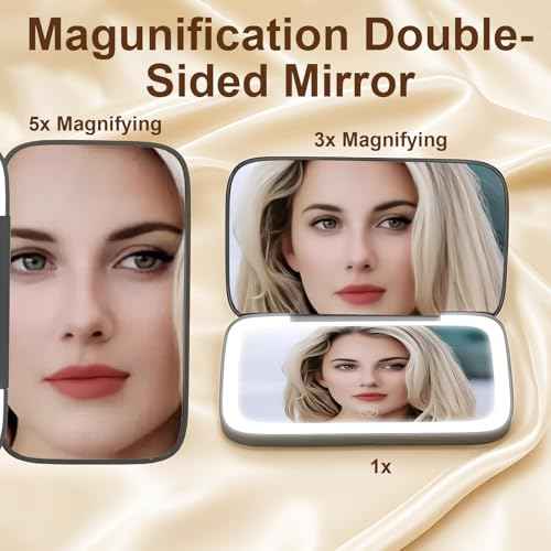 Mini Travel Makeup Mirror with Light ? Dual-Sided 5X/1X Magnification, Auto On/Off LED Lights, 180¡Æ Foldable Design, Portable Cosmetic Mirror for Handbag Small Make up Mirror - Black