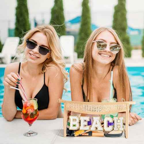 Boho Patch Beach Cosmetic Bag - Summer BEACH Chenille Varsity Toiletry Makeup Bag Beige Letter Clear Waterproof Travel PVC Zipper Clutch Daily Use Purse Summer Makeup Pouch for Women Girls