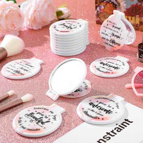 Wenqik 100 Pcs Inspirational Mini Compact Mirror for Purse Women Small Gifts Bulk, Round Makeup Folding Mirror, Thank You Gift Bag Stuffer Items, Christmas for Coworker Employee Staff (Light Pink)