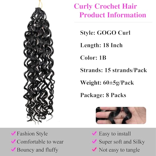 18 Inch Pre Looped Crochet Hair for Black Women - Gogo Curl/Beach Curl/Ocean/Water/Deep Wave Crochet Hair 8 Packs, Synthetic Hair Tangle-Free Natural Look Curly Hair Extensions (1B)