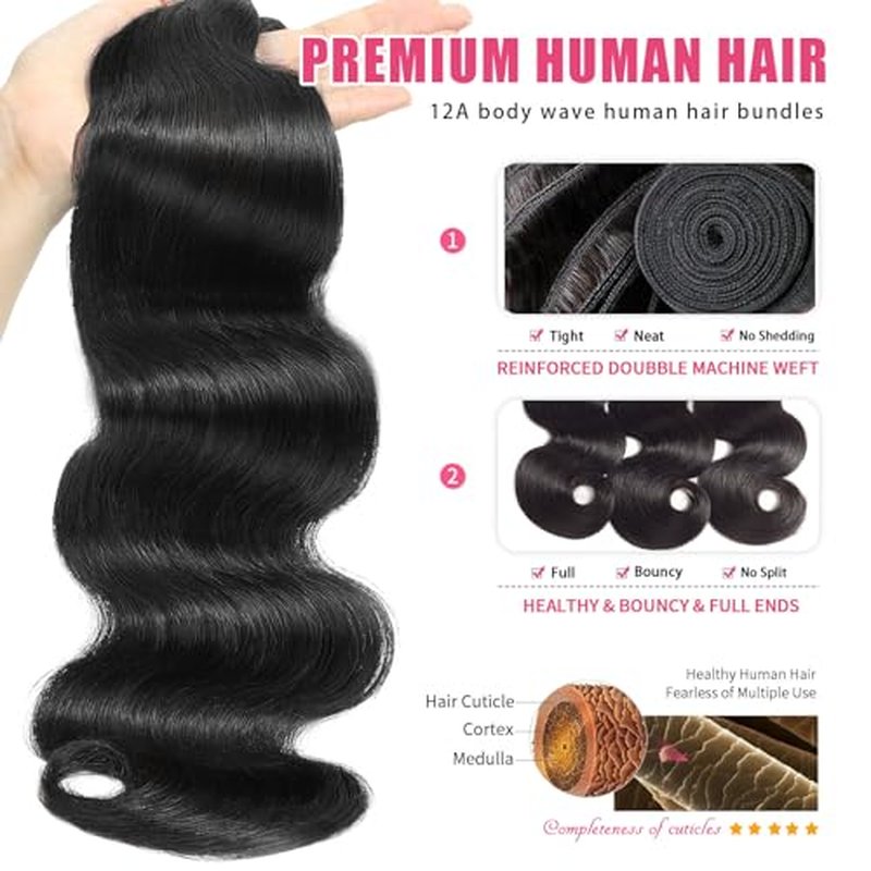 Human Hair Bundles 26 Inch Body Wave Bundles Human Hair 100% Unprocessed 12A Brazilian Raw Virgin Hair One Single Bundle Real Human Hair Extensions Natural Color