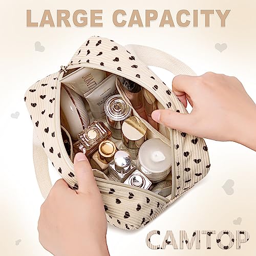 CAMTOP Makeup Bag Women Girls Corduroy Cosmetic Bags Travel Toiletry Purse Zipper Pouch (Black Heart)