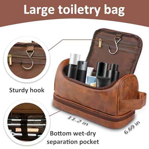 Toiletry Bag for Men, Large Leather Shaving Kit, Travel Essentials, Gifts for Father, Dad, Boyfriend, Grandpa, Water-resistant Shaving Bag for Toiletries Accessories