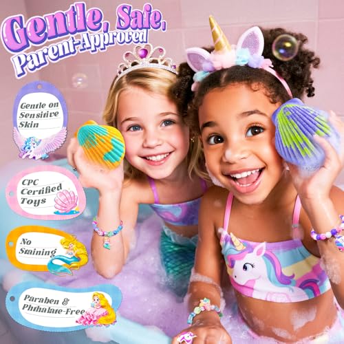 Shell Bath Bombs for Girls ? 12 Pack Child-Safe Aromatherapy Bath Bombs with 20 Surprise Toys Inside, 6 Fruity Scents in 2 Gift Boxes (Mermaid & Unicorn Themes), Christmas Gift for Kids