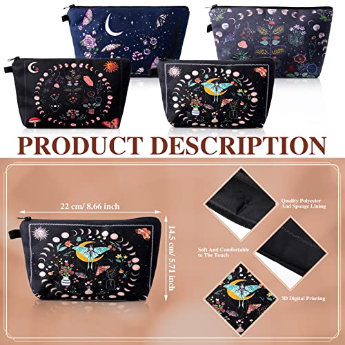 Xuniea 4 Pcs Small Witch Makeup Bag Gifts for Women, Friends, Mushroom Hostess Cosmetic Bag with Zipper Mother Day Birthday Gifts Moon Girls Pouch, Tarot Card Goth Black Toiletry Travel Holiday Purse