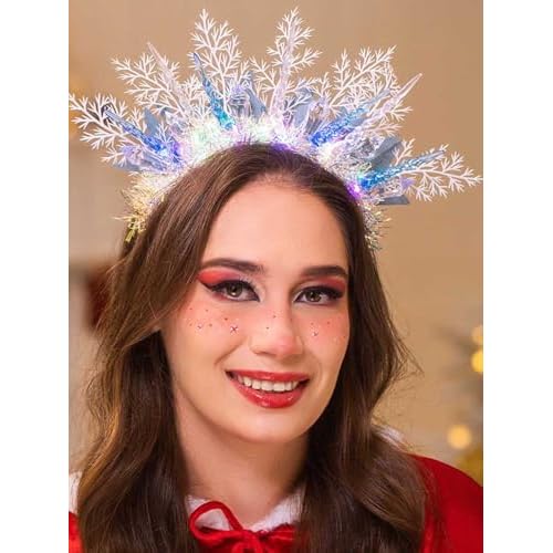 Woeoe Christmas Light up Headband LED Snowflake Hair Hoop Icicle Sparkly Glowing Xmas Headpiece Holiday Party Costume Hair Band for Women and Girls