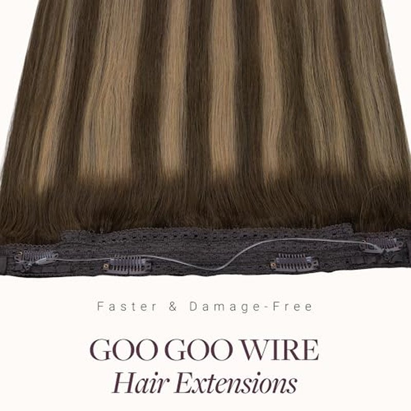 GOO GOO Wire Hair Extensions Human Hair, 4/27/4 Chocolate Brown with Caramel Blonde Balayage 12inch 70g, Invisible Wire Hair Extensions with Transparent, Seamless Fish Line Hairpiece