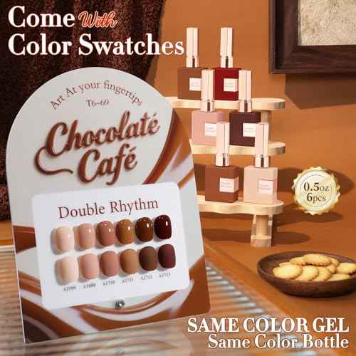 Double Rhythm 6 Pcs 15 ML Gel Polish Set Same Color Same Bottle Soak Off Gel Polish Kit Nail Art Manicure Salon DIY at Home for Women (Burgundy Cherry Brown Coffee -T6-69)