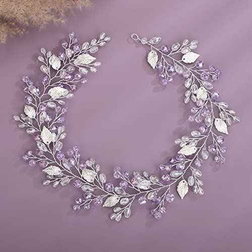 Teyglen Bridal Wedding Hair Vine Headband Silver Crystal Leaf Hair Pieces Handmade Blue Red Green Rhinestone Headpiece Hair Accessories for Women Bride Girls (Light Purple)