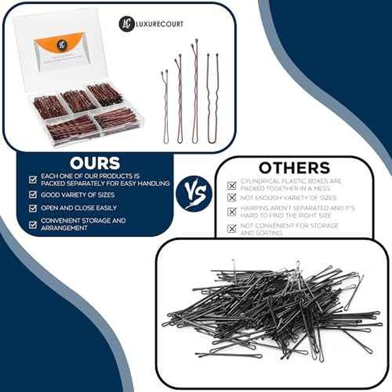 300 Pack Brown Bobby Pins Set by Luxurecourt, 3 Assorted Sizes of Large and Small Premium Bobby Pins + Regular Size U Shaped Hair Pins for Buns, Updo Style - Nonslip with Rounded Ends.