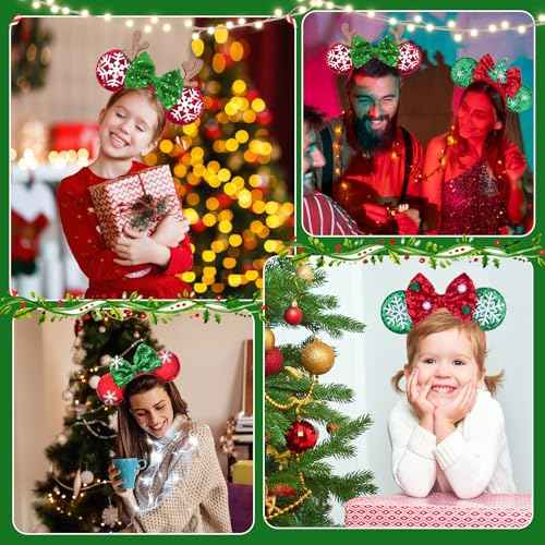 Christmas Headband Mouse Ears Bow Headbands,Sequin Snowflakes Christmas Tree Elk Headbands Hair Accessories for Christmas Cosplay Party Favors(4 PCS)