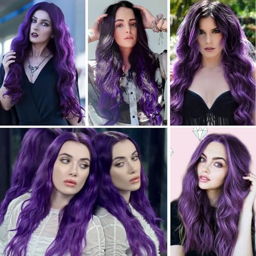 Purple Wigs for Women Lace Front Dark Purple Wig Middle Part Long Curly Wavy Wig,Synthetic Heat Resistant Hait for Daily Cosplay Party Holiday