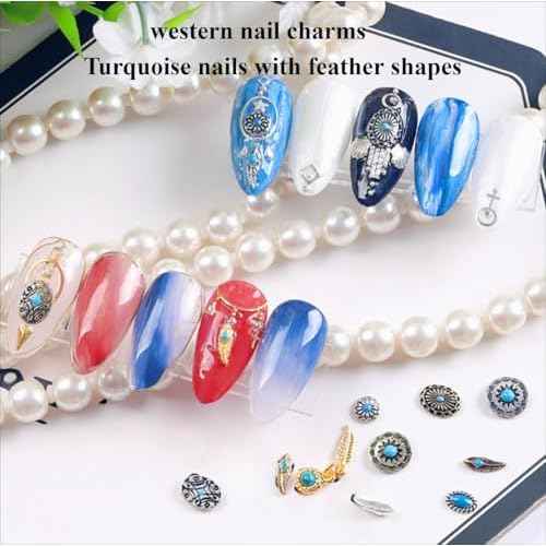 50 PCS Metal Turquoise Nail Charms - Western Cowboy Nail Art Decorations, 3D Nail Gems for DIY Manicure, Mixed Shapes Nail Accessories for Gel Acrylic Nails (Blue)