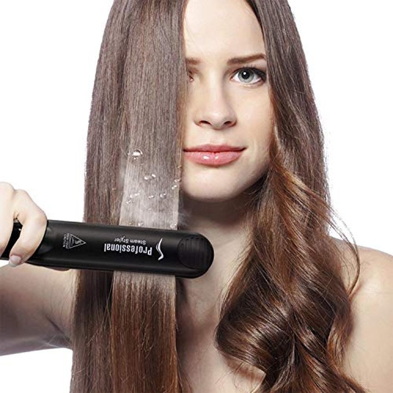 Steam Hair Straightener Flat Iron Professional Ceramic Tourmaline 2-in-1 Straightening Iron, Adjustable 300-450F Salon Heat, 110-220V Dual Voltage, Black