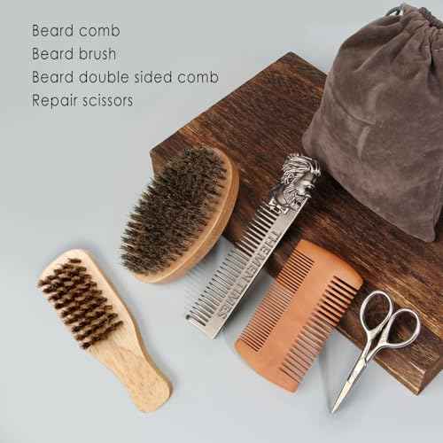 Beard Brush and Comb Set with Mustache Scissors Grooming Kit, Natural Boar Bristle, Dual Action Wood Comb, Dual Side Brush for Men's Facial Hair, Travel Bag