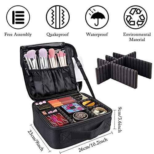 JOURMON Travel Makeup Bag, Large Capacity Cosmetic Train Case for Women Portable Pouch Open Flat Artist Brushes Toiletry Jewelry Digital Organizer Storage Bag with Adjustable Dividers (Black,S)