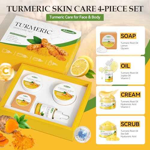 Turmeric Skin Care Set Even Skin Tone with Vitamin C, Skin Care Gift Set 4 In 1 Include Turmeric Soap Bar Turmeric Oil Turmeric Face Cream Turmeric Scrub, Face Moisturizer Skincare Set for Women