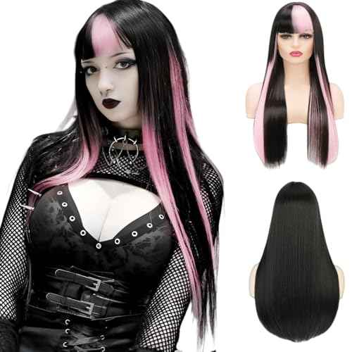 Black and Pink Wigs with Bangs for Women Long Straight Synthetic Wig,Heat Resistant Hair Natural Looking Wig Daily Party Halloween Cospaly Used