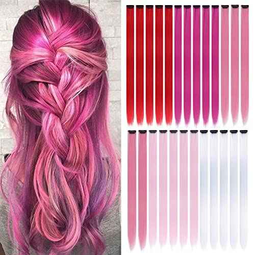 Colored Clip in Hair Extensions for Girls 25 pcs Straight Fashion Hairpieces for Party Highlights (5 warm colors,Red,Rose red,Peach red,Light Pink,White)
