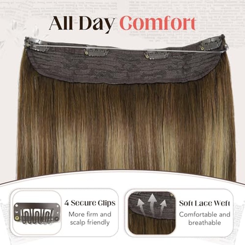 XDhair Wire Hair Extensions 14 Inch 70g Balayage Color Chocolate Brown to Caramel Blonde Invisible Wire Hair Extensions Real Human Hair Hairpiece(#4/27/4-14inch)