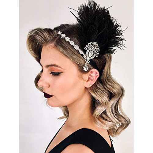 SWEETV 1920s Feather Headpiece Black, Womens Ostrich Feather Crystal Headband, Great Gatsby Hair Accessories for Women, Ribbon Tie