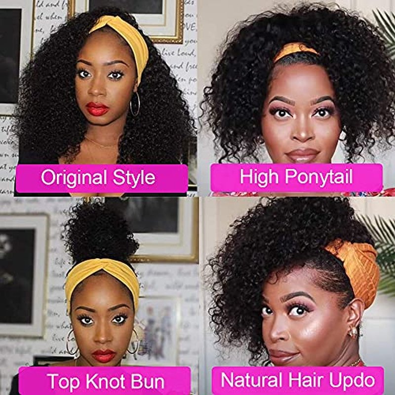 Curly Headband Wig Human Hair 16 Inch Deep Wave Human Hair Headband Wigs for Black Women Human Hair Glueless Real Hair Wig with Headband Attached No Lace Front Wig Human Hair Natural Black Color